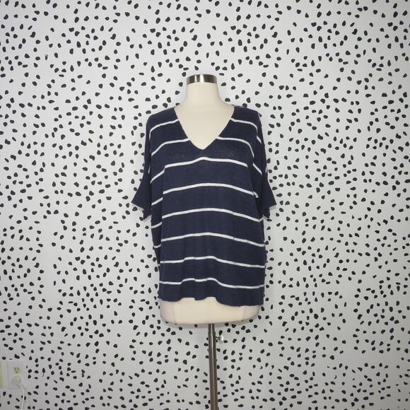 Eileen Fisher Navy Blue Striped Linen Blend Relaxed Fit V-Neck Top - Picture 2 of 9